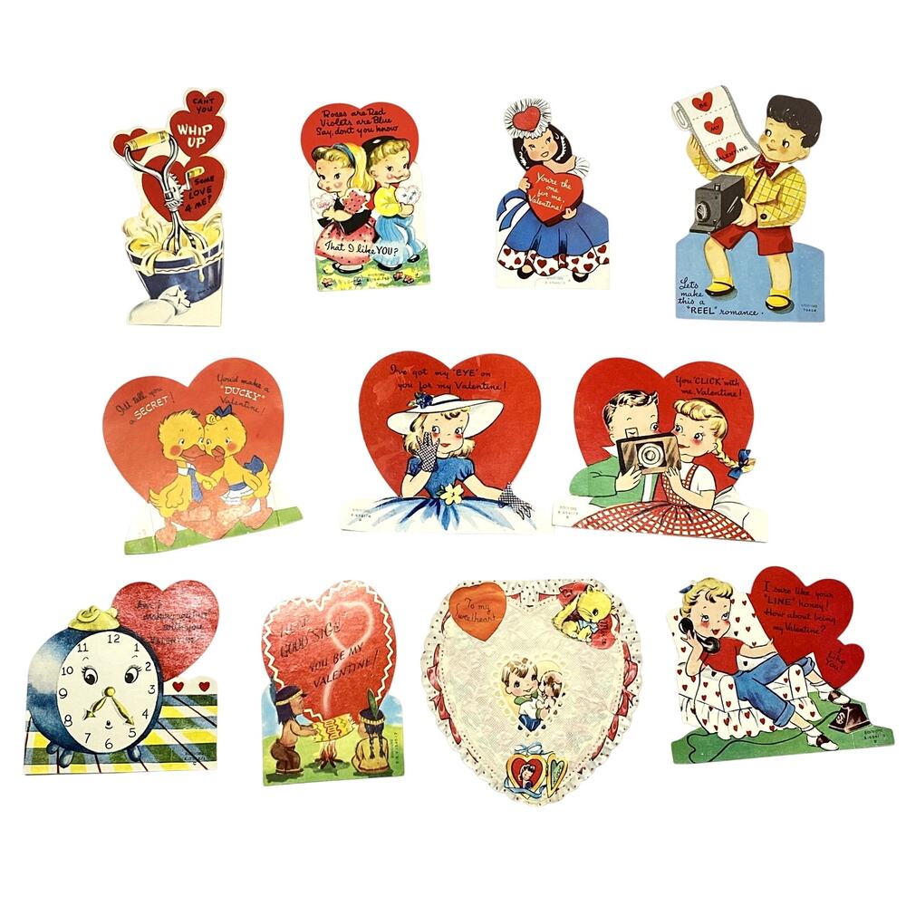 Vintage Valentines Day Cards Lot of 11 Die Cut 1940s 1950s Cute Animals Ephemera
